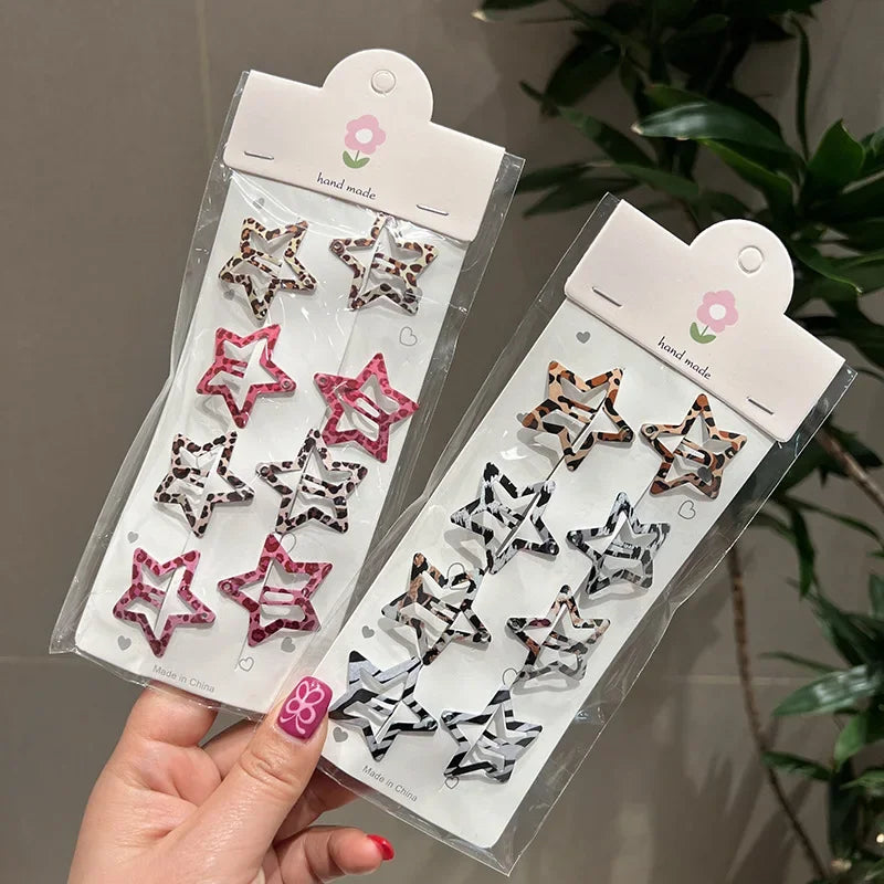 8pcs/set Leopard Print Hair Clips for Women Girls Vintage Geometric Star BB Clips Bangs Hairpins Barrettes Hair Accessories Set