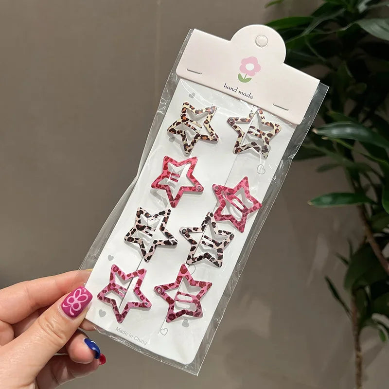 8pcs/set Leopard Print Hair Clips for Women Girls Vintage Geometric Star BB Clips Bangs Hairpins Barrettes Hair Accessories Set